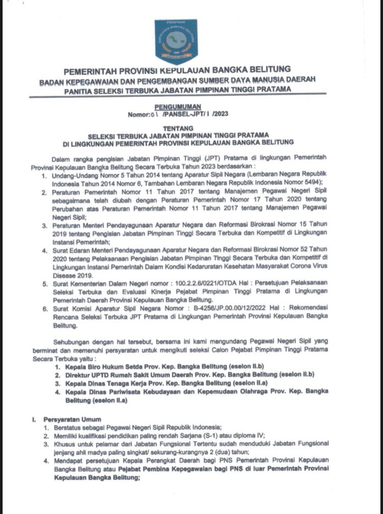 Pemprov Babel Buka Seleksi Terbuka Jabatan Pimpinan Tinggi Pratama Tahun 2023