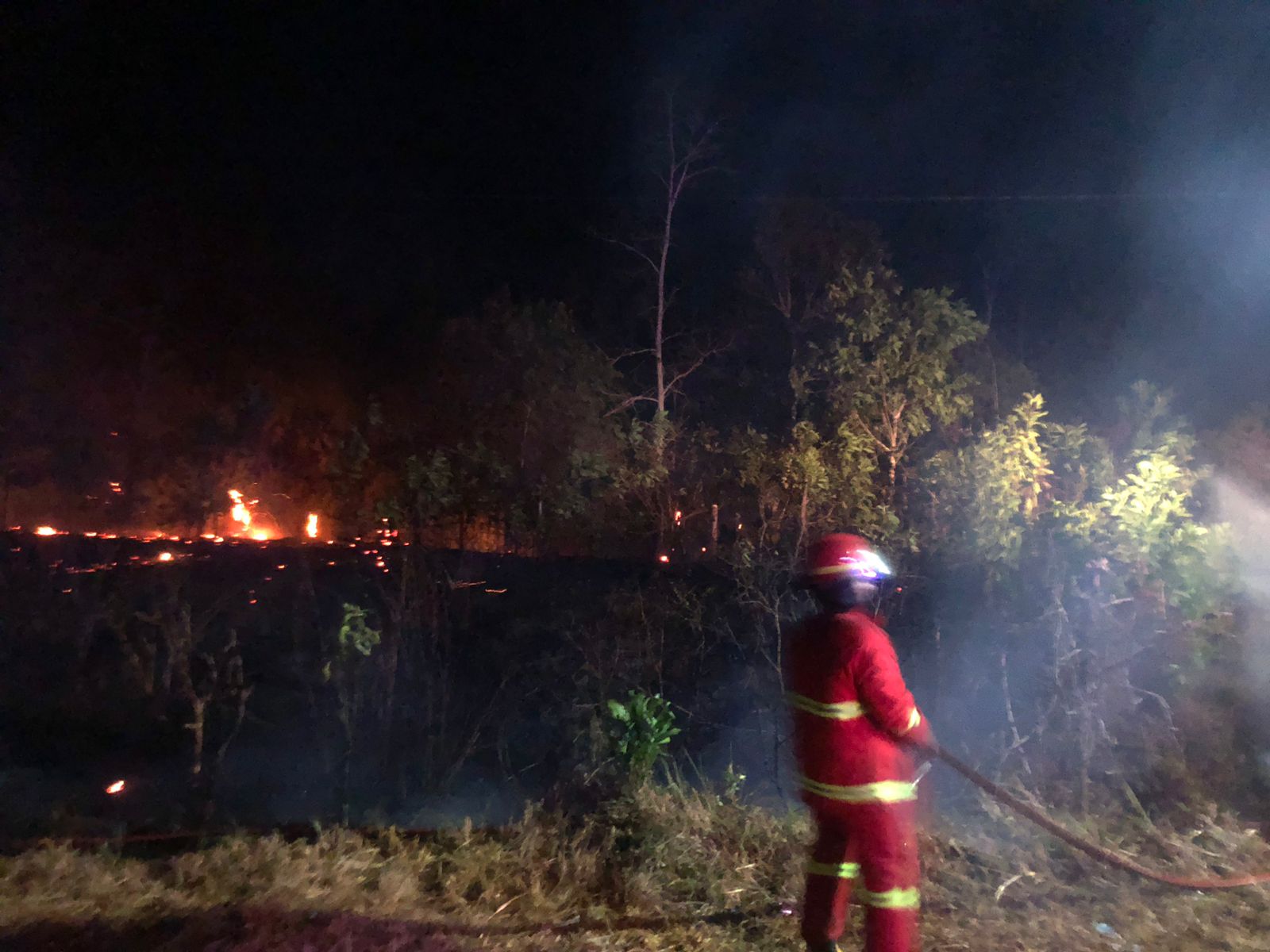 Tim Damkar PT Timah Turun Padamkan Kebakaran Hutan di Desa Rebo