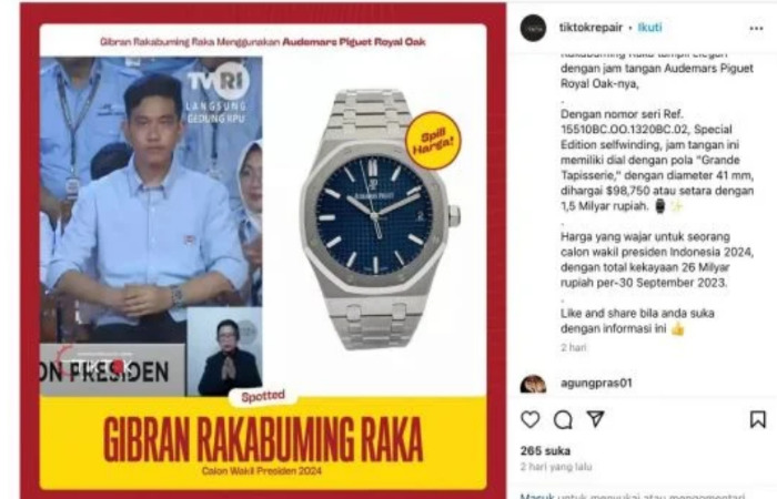 Gibran Rakabuming Pakai Jam Tangan Senilai Rp1,5 Miliar, Netizen Bandingkan dengan Ganjar Pranowo