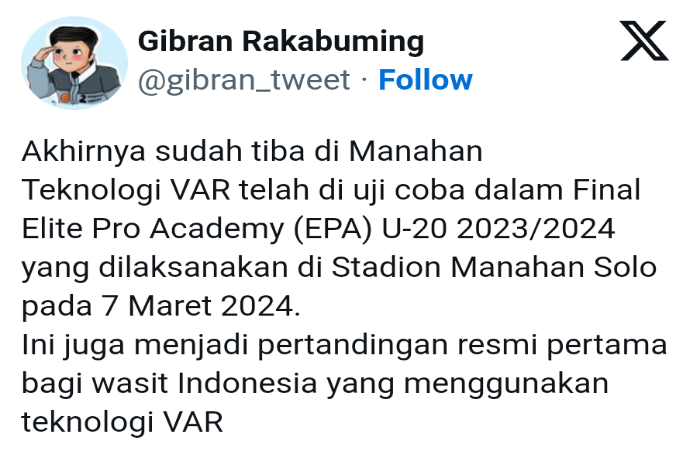 Wali Kota Solo Gibran Rakabuming Pamer Teknologi VAR Stadion Manahan