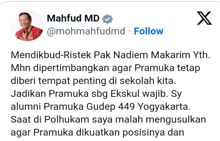 Pernah Jadi Alumni Gudep 449 Yogyakarta, Mahfud MD Tidak Setuju Pramuka Dihapus dari Ekskul Wajib Sekolah