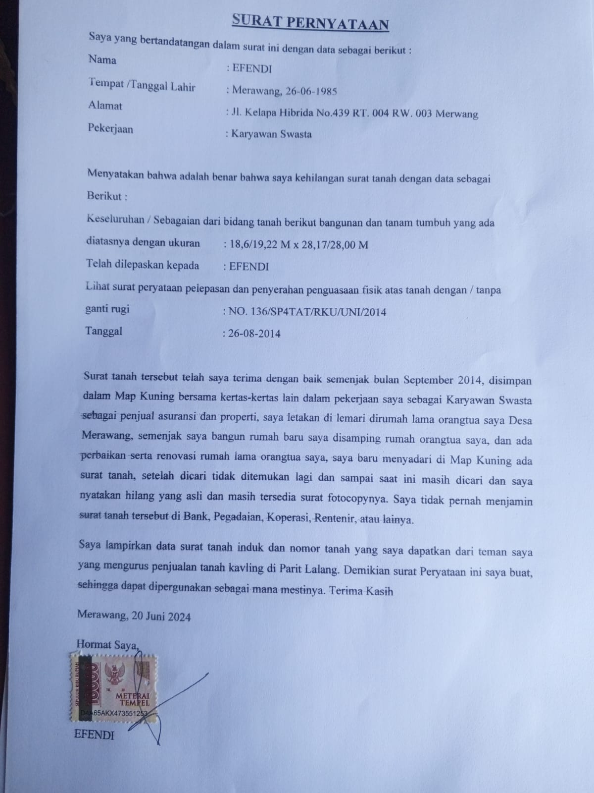 Telah Kehilangan Surat Tanah atas Nama Efendi Warga Kecamatan Merawang