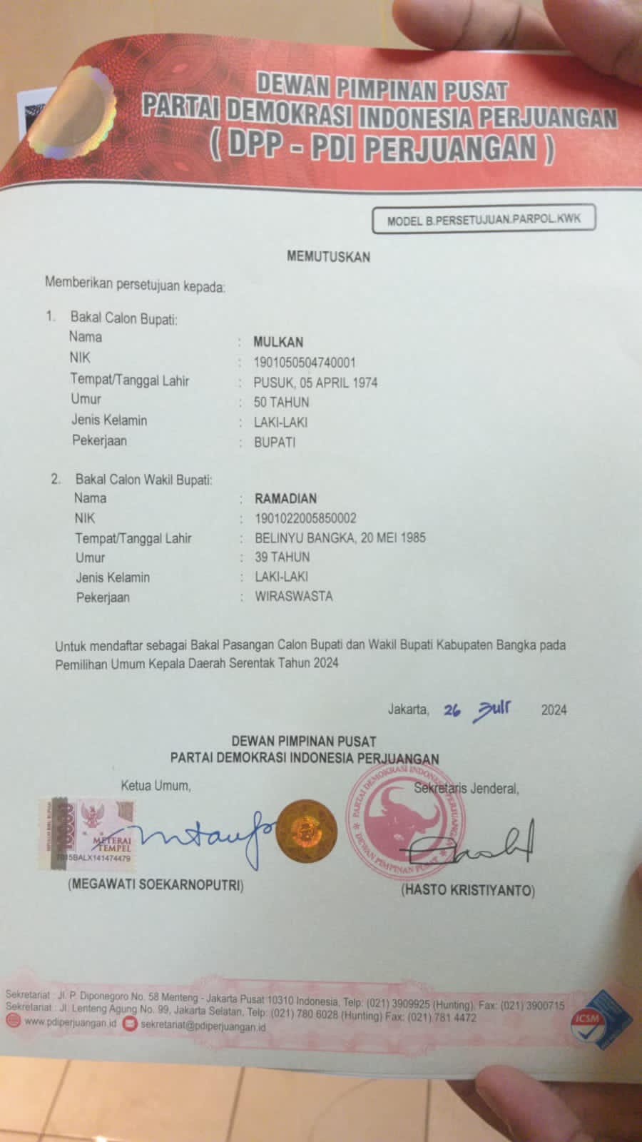 Sah ! DPP PDIP keluarkan Rekom kepada Mulkan dan Ramadian